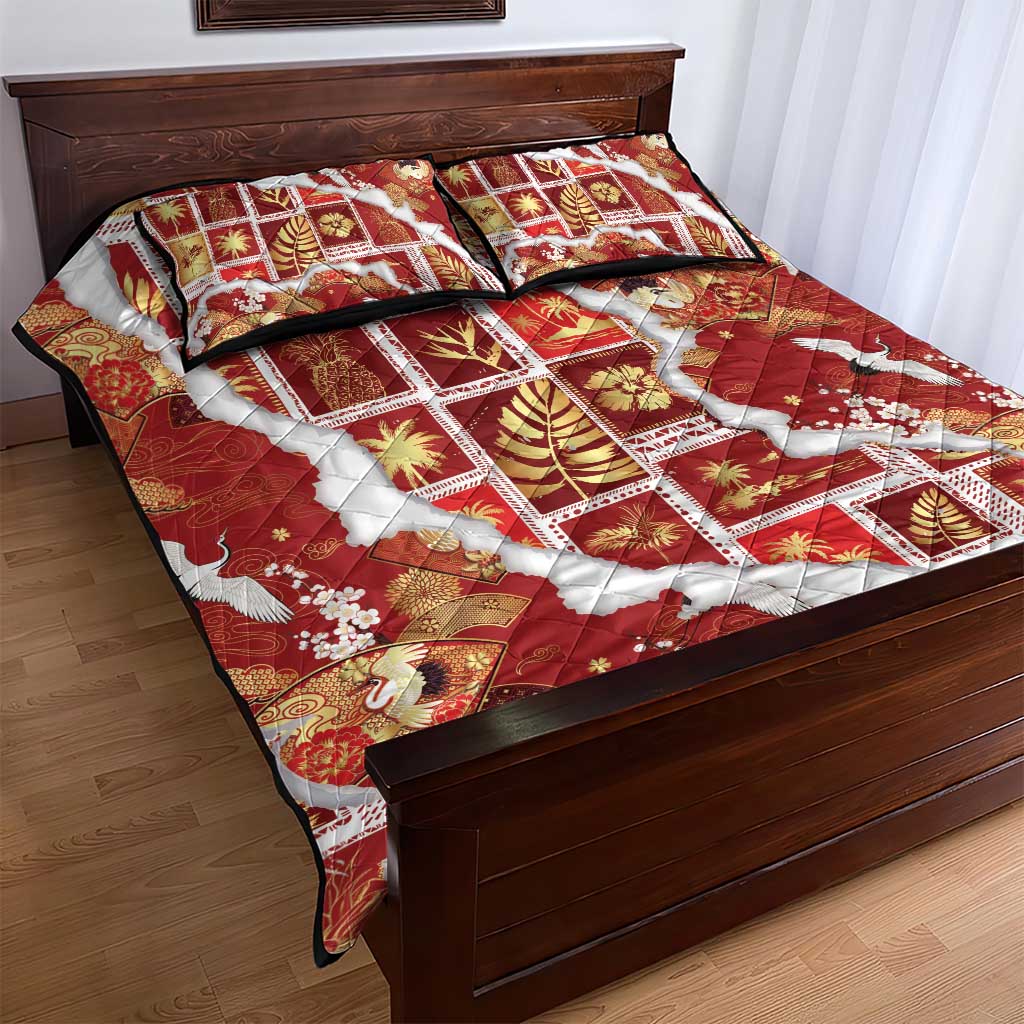 Hawaii Japanese Culture Red Quilt Bed Set Spring Cranes Aloha Pattern LT01 - Polynesian Pride