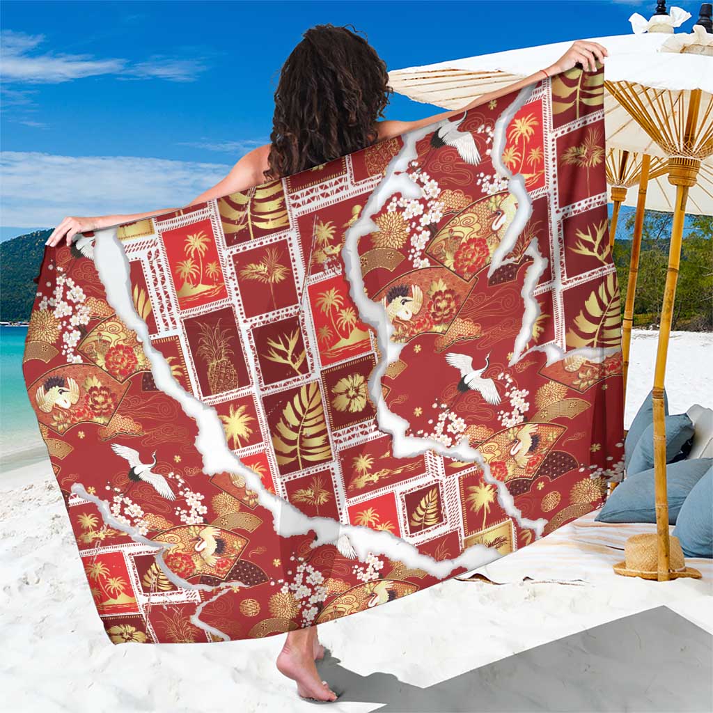 Hawaii Japanese Culture Red Sarong Spring Cranes Aloha Pattern LT01 One Size 44 x 66 inches Red - Polynesian Pride