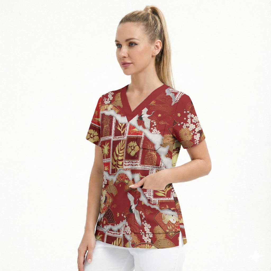 Hawaii Japanese Culture Red Scrub Top Spring Cranes Aloha Pattern LT01 - Polynesian Pride