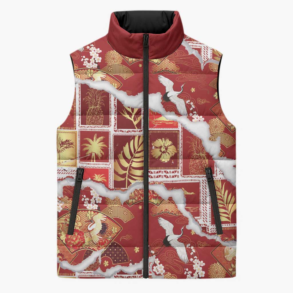 Hawaii Japanese Culture Red Sleeveless Puffer Jacket Spring Cranes Aloha Pattern LT01 Unisex Red - Polynesian Pride