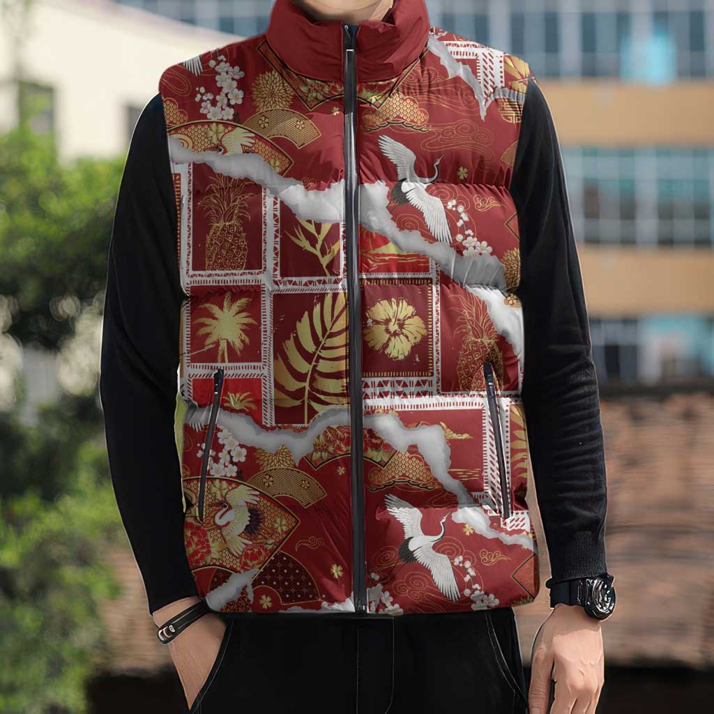 Hawaii Japanese Culture Red Sleeveless Puffer Jacket Spring Cranes Aloha Pattern LT01 - Polynesian Pride
