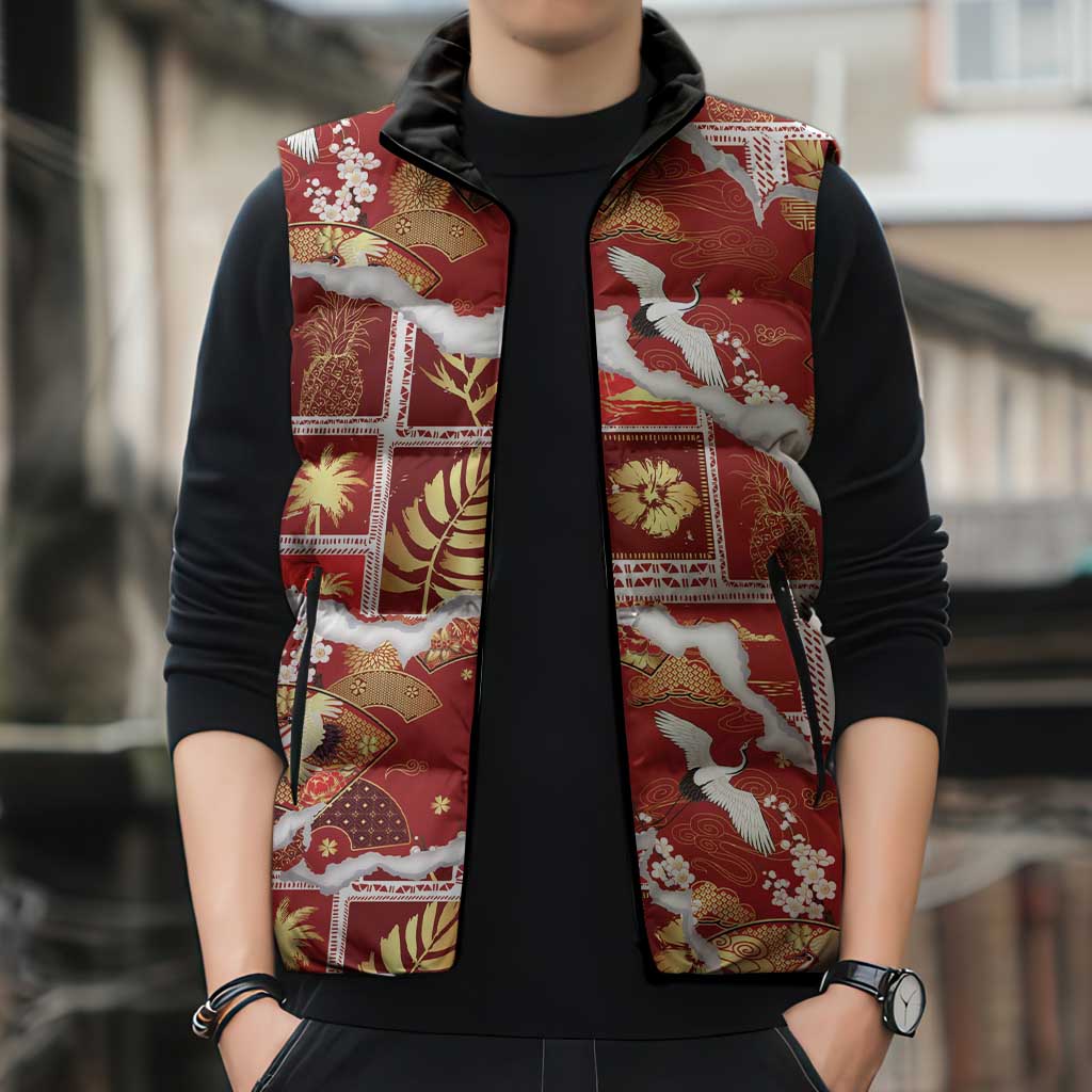 Hawaii Japanese Culture Red Sleeveless Puffer Jacket Spring Cranes Aloha Pattern LT01 - Polynesian Pride