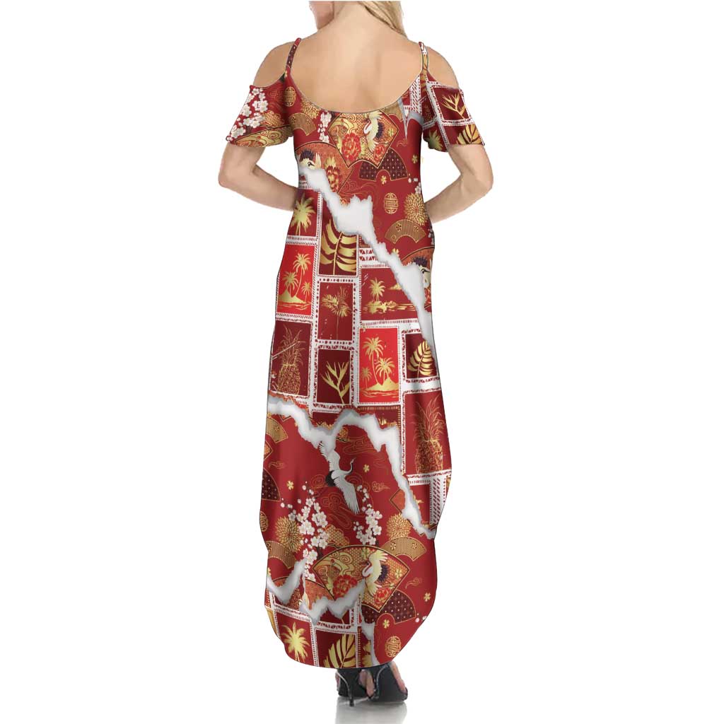 Hawaii Japanese Culture Red Summer Maxi Dress Spring Cranes Aloha Pattern LT01 - Polynesian Pride