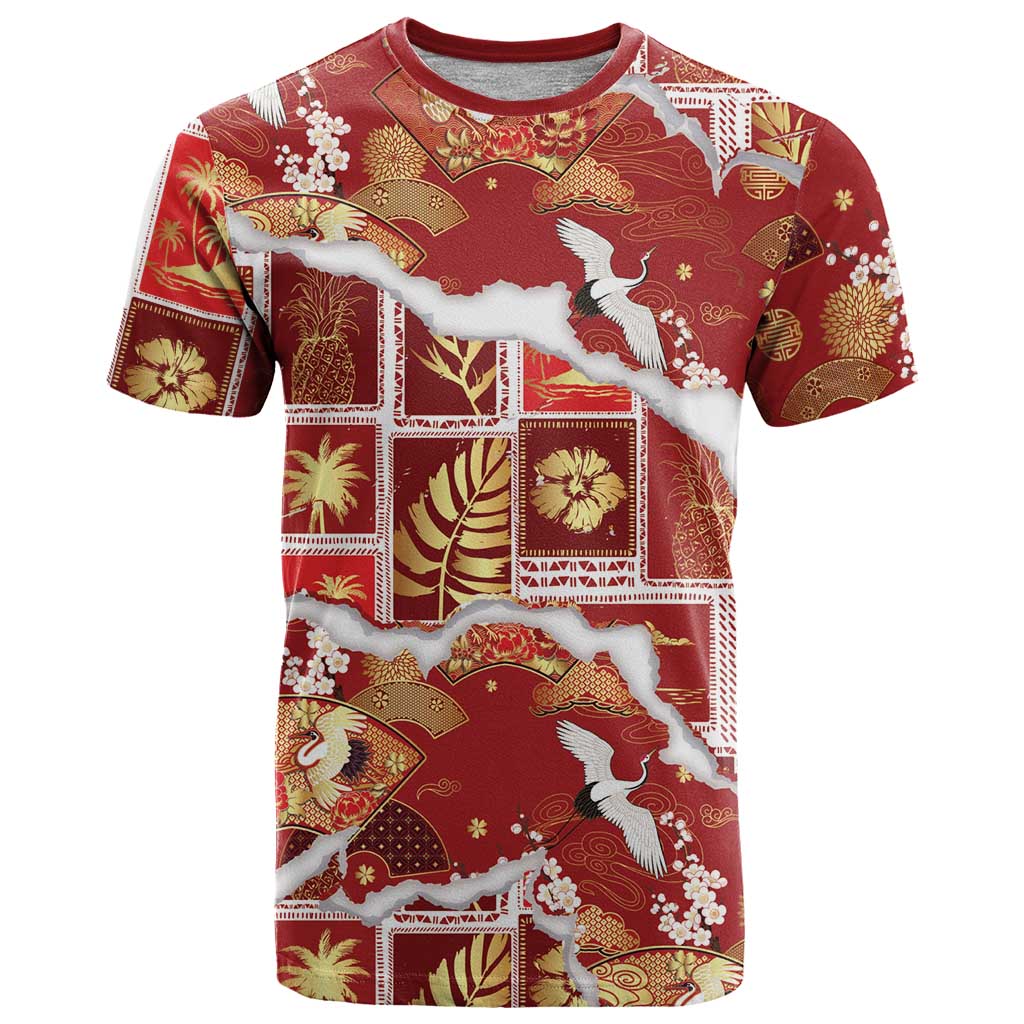 Hawaii Japanese Culture Red T Shirt Spring Cranes Aloha Pattern LT01 Red - Polynesian Pride