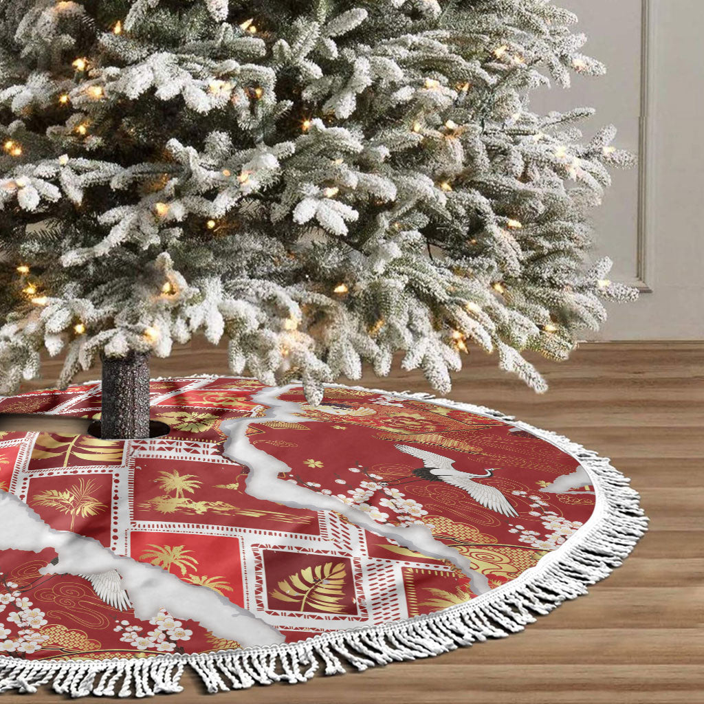 Hawaii Japanese Culture Red Tree Skirt Spring Cranes Aloha Pattern LT01 - Polynesian Pride