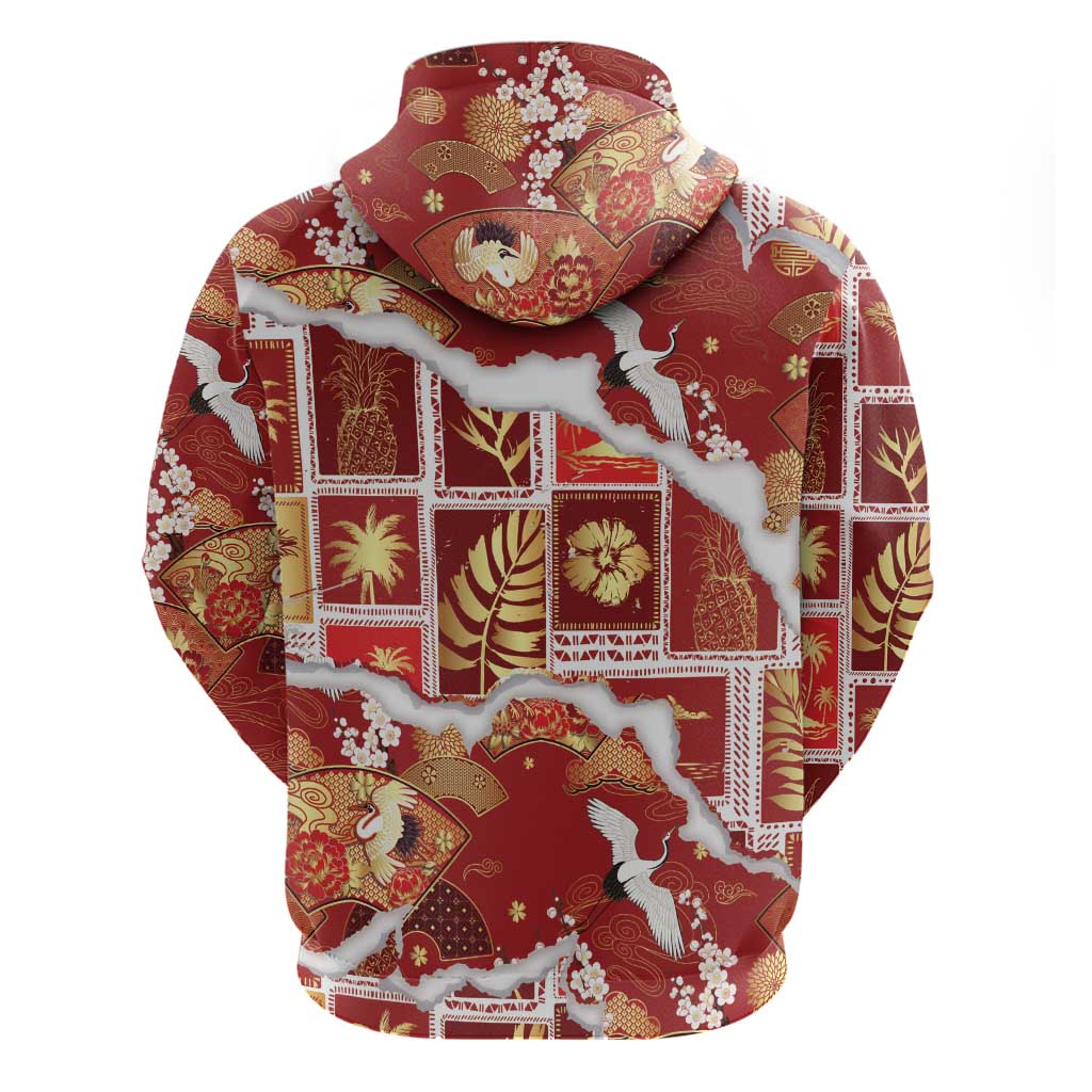 Hawaii Japanese Culture Red Zip Hoodie Spring Cranes Aloha Pattern LT01 - Polynesian Pride