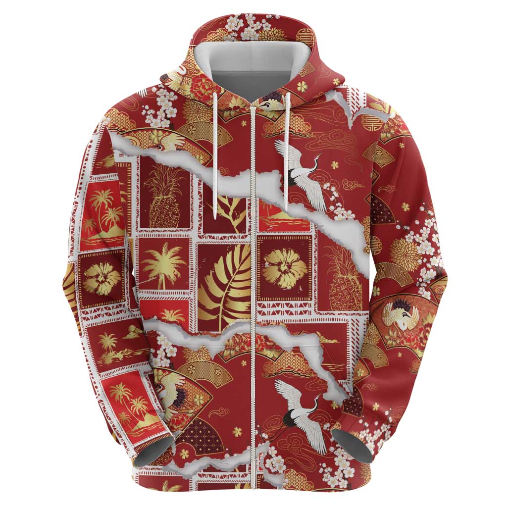 Hawaii Japanese Culture Red Zip Hoodie Spring Cranes Aloha Pattern LT01 - Polynesian Pride