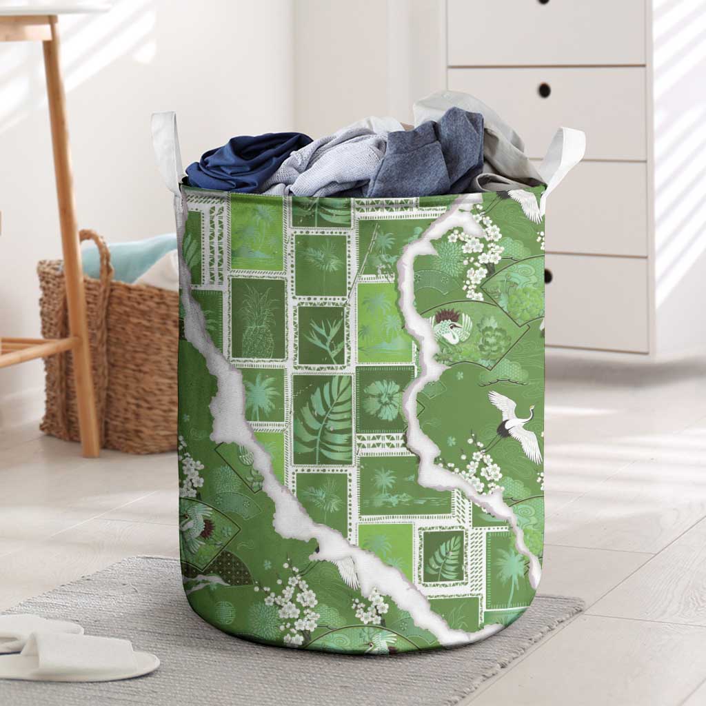 Hawaii Japanese Culture Sage Green Laundry Basket Spring Cranes Aloha Pattern LT01 Sage - Polynesian Pride