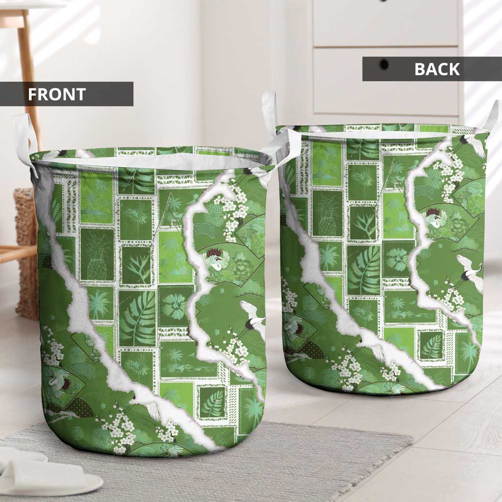 Hawaii Japanese Culture Sage Green Laundry Basket Spring Cranes Aloha Pattern LT01 - Polynesian Pride