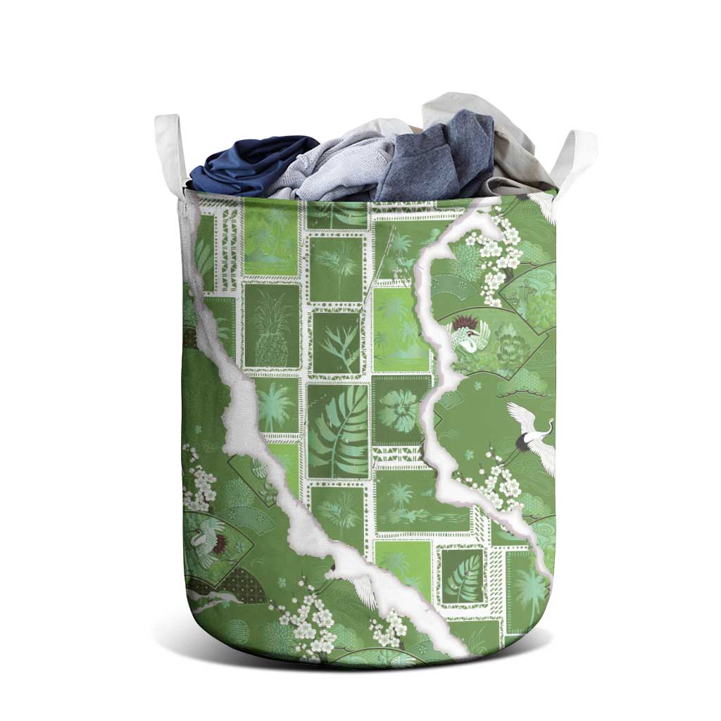Hawaii Japanese Culture Sage Green Laundry Basket Spring Cranes Aloha Pattern LT01 - Polynesian Pride