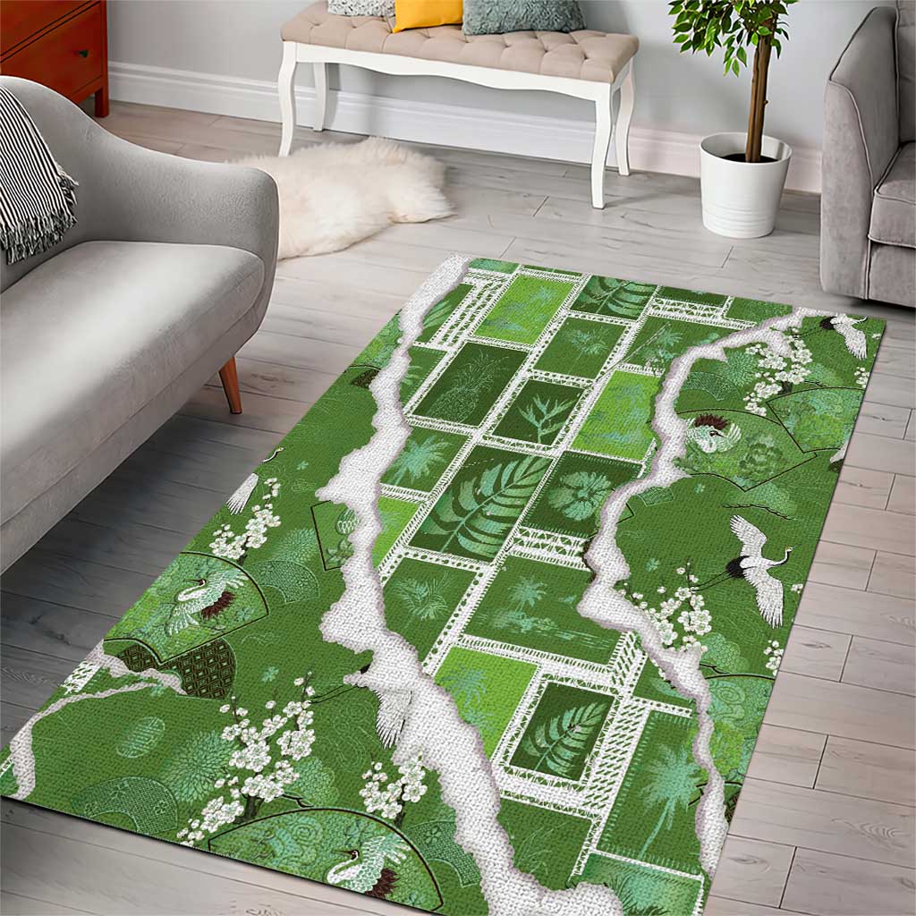 Hawaii Japanese Culture Sage Green Area Rug Spring Cranes Aloha Pattern LT01 - Polynesian Pride