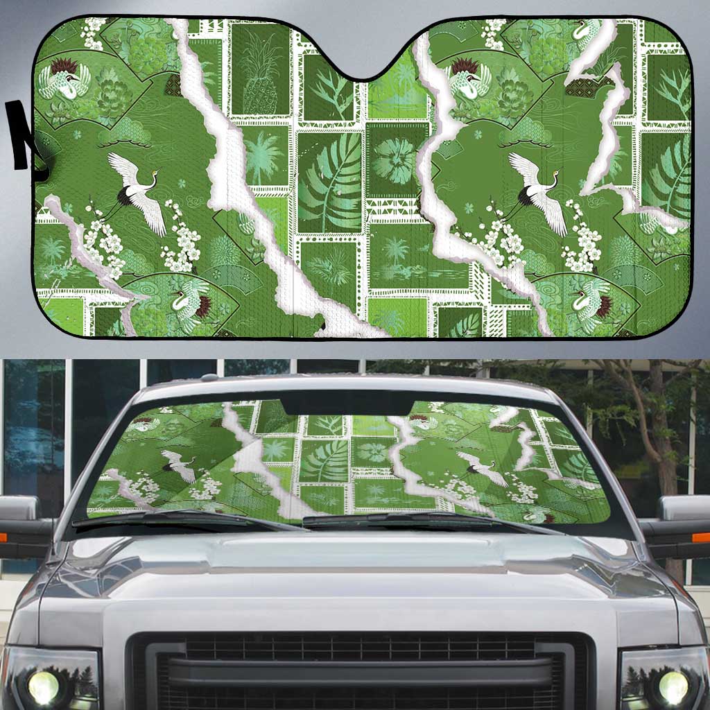 Hawaii Japanese Culture Sage Green Auto Sun Shade Spring Cranes Aloha Pattern LT01 Sage - Polynesian Pride