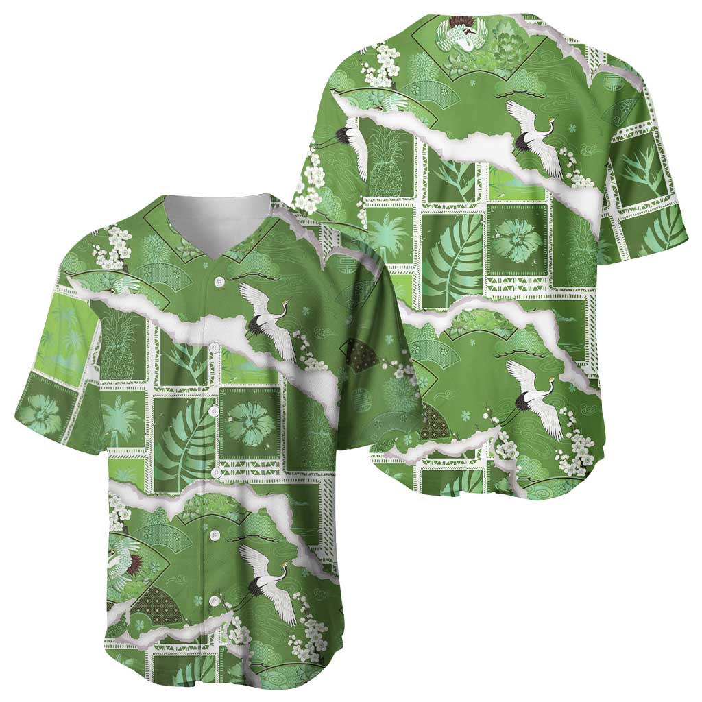 Hawaii Japanese Culture Sage Green Baseball Jersey Spring Cranes Aloha Pattern LT01 - Polynesian Pride