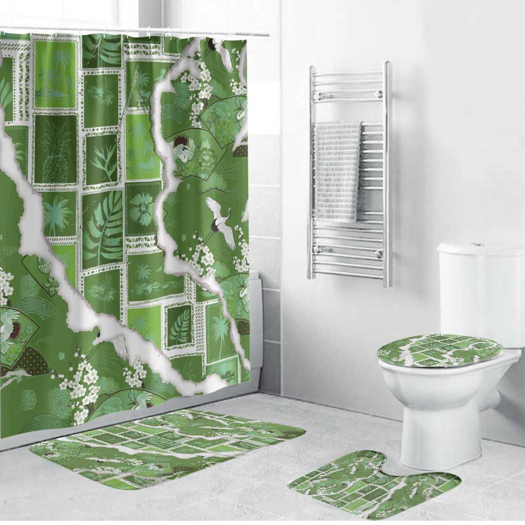 Hawaii Japanese Culture Sage Green Bathroom Set Spring Cranes Aloha Pattern LT01 Bathroom Set (4 pcs) Sage - Polynesian Pride