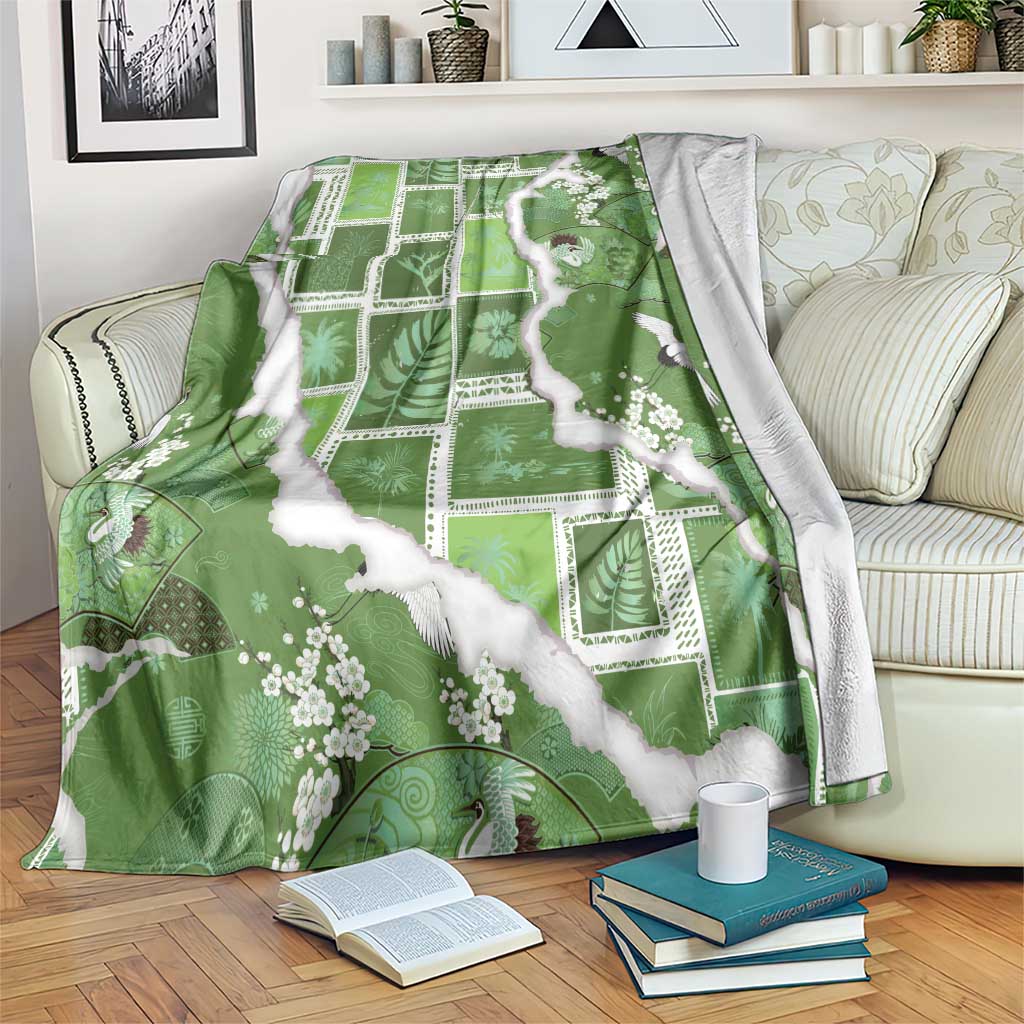 Hawaii Japanese Culture Sage Green Blanket Spring Cranes Aloha Pattern LT01 Sage - Polynesian Pride