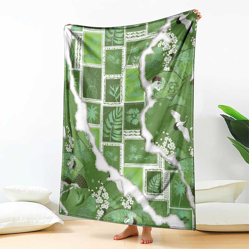 Hawaii Japanese Culture Sage Green Blanket Spring Cranes Aloha Pattern LT01 - Polynesian Pride