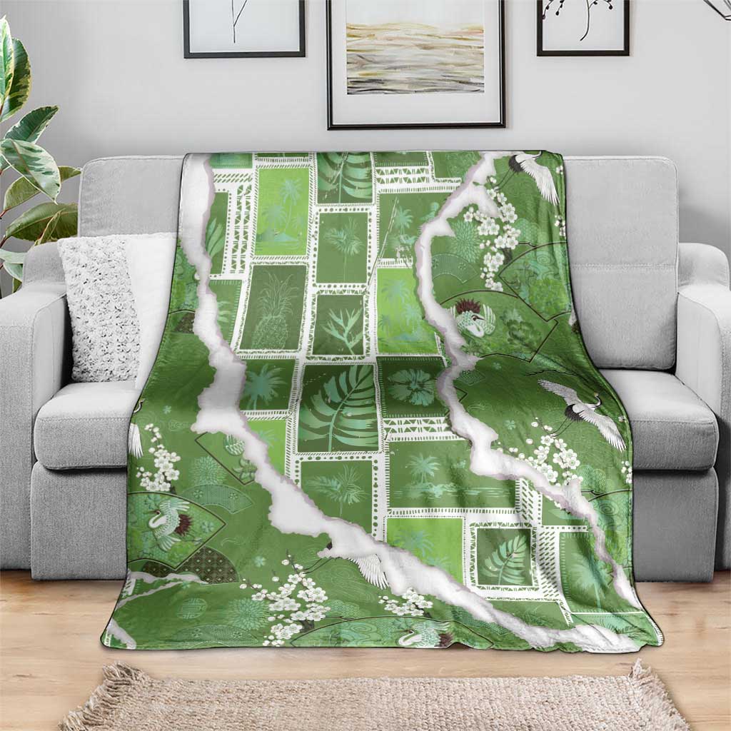 Hawaii Japanese Culture Sage Green Blanket Spring Cranes Aloha Pattern LT01 - Polynesian Pride