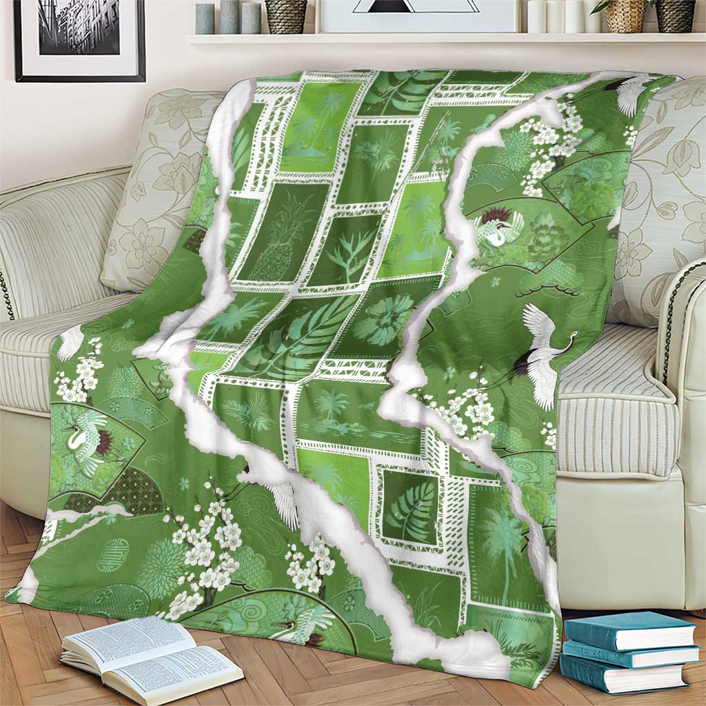 Hawaii Japanese Culture Sage Green Blanket Spring Cranes Aloha Pattern LT01 - Polynesian Pride