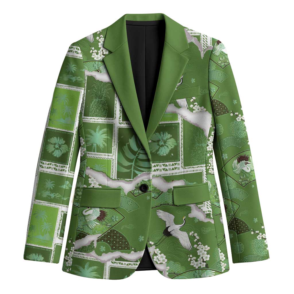 Hawaii Japanese Culture Sage Green Blazer Spring Cranes Aloha Pattern LT01 Unisex Sage - Polynesian Pride