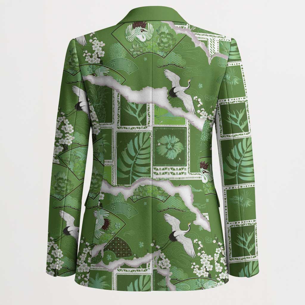 Hawaii Japanese Culture Sage Green Blazer Spring Cranes Aloha Pattern LT01 - Polynesian Pride