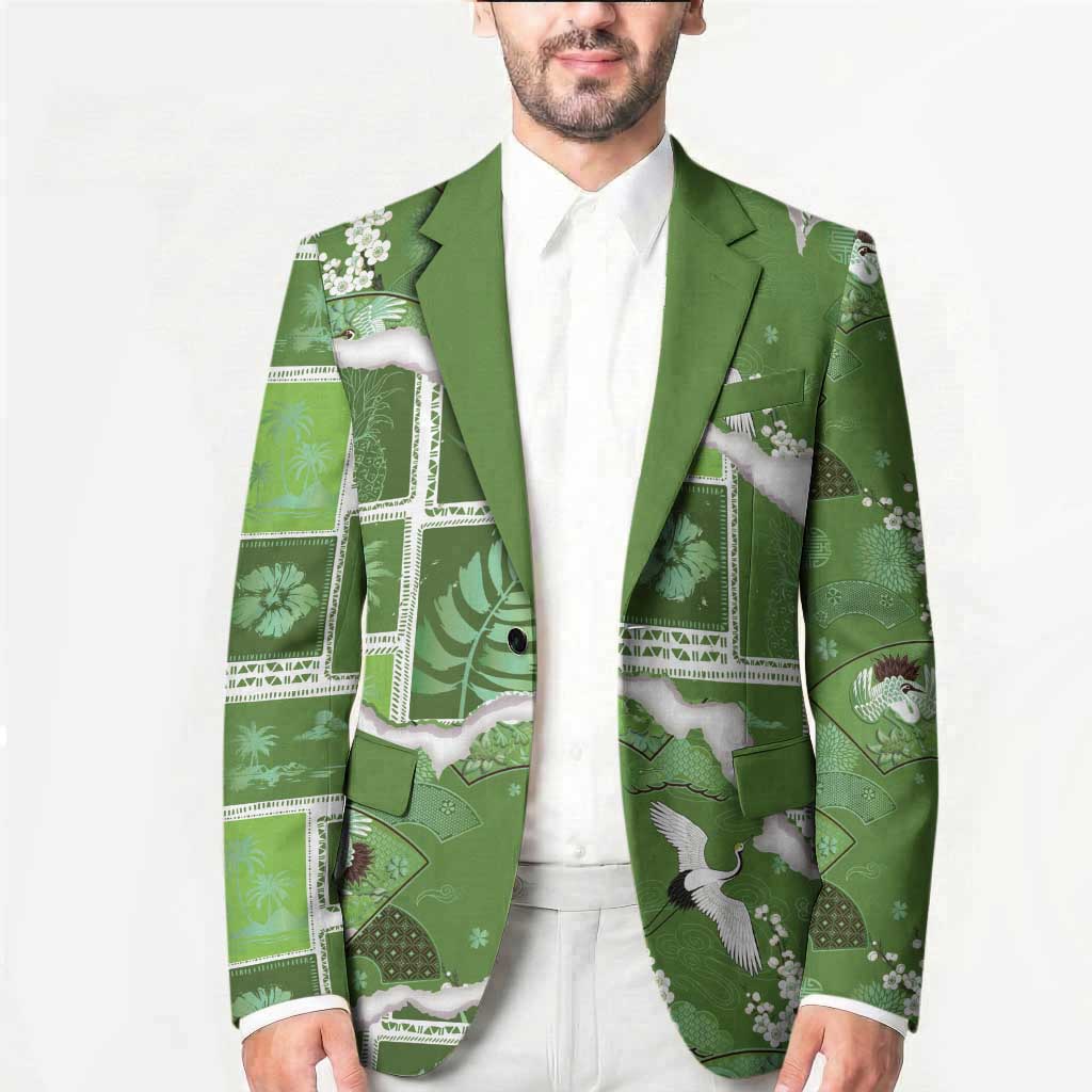 Hawaii Japanese Culture Sage Green Blazer Spring Cranes Aloha Pattern LT01 - Polynesian Pride