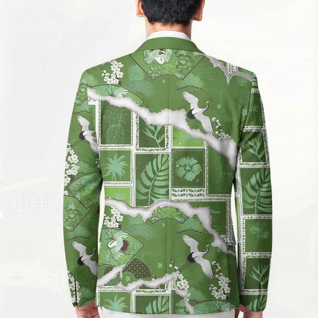 Hawaii Japanese Culture Sage Green Blazer Spring Cranes Aloha Pattern LT01 - Polynesian Pride