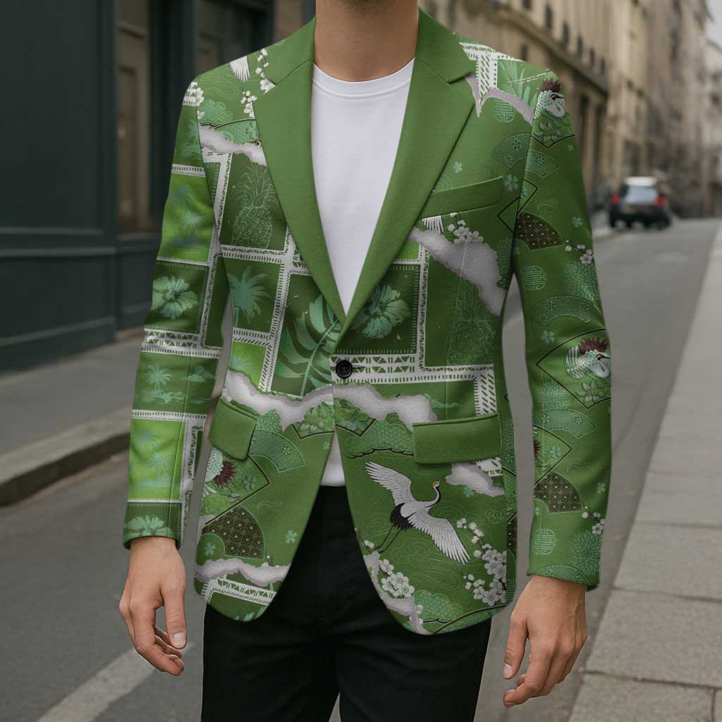 Hawaii Japanese Culture Sage Green Blazer Spring Cranes Aloha Pattern LT01 - Polynesian Pride
