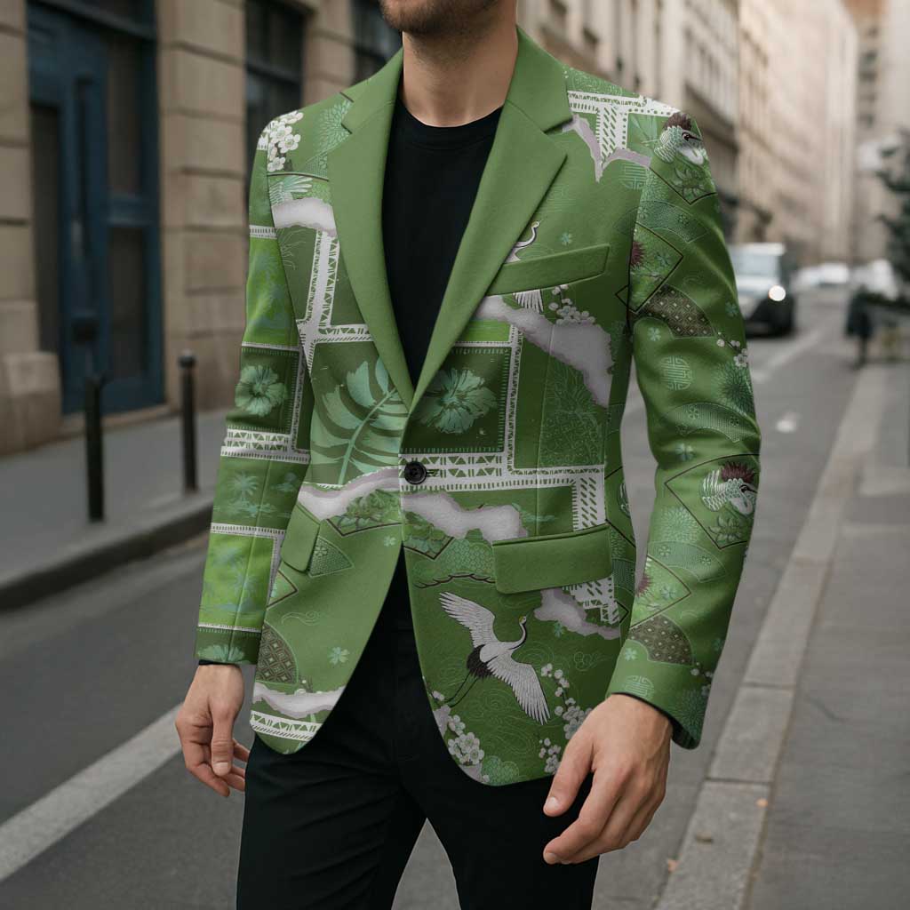 Hawaii Japanese Culture Sage Green Blazer Spring Cranes Aloha Pattern LT01 - Polynesian Pride