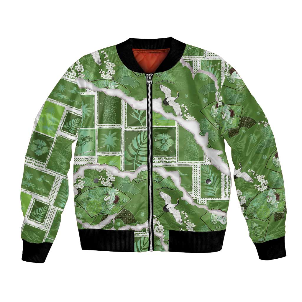 Hawaii Japanese Culture Sage Green Bomber Jacket Spring Cranes Aloha Pattern LT01 Unisex Sage - Polynesian Pride