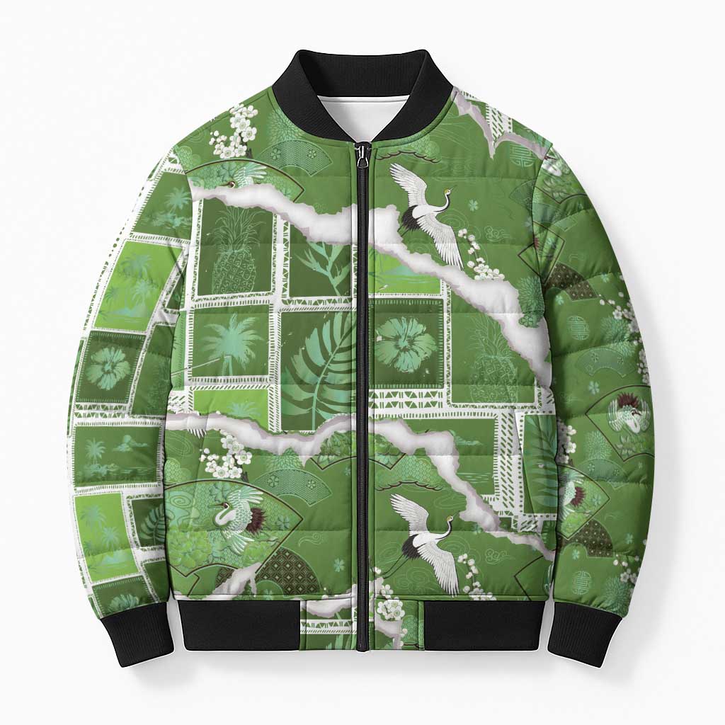 Hawaii Japanese Culture Sage Green Bomber Puffer Jacket Spring Cranes Aloha Pattern LT01 Unisex Sage - Polynesian Pride