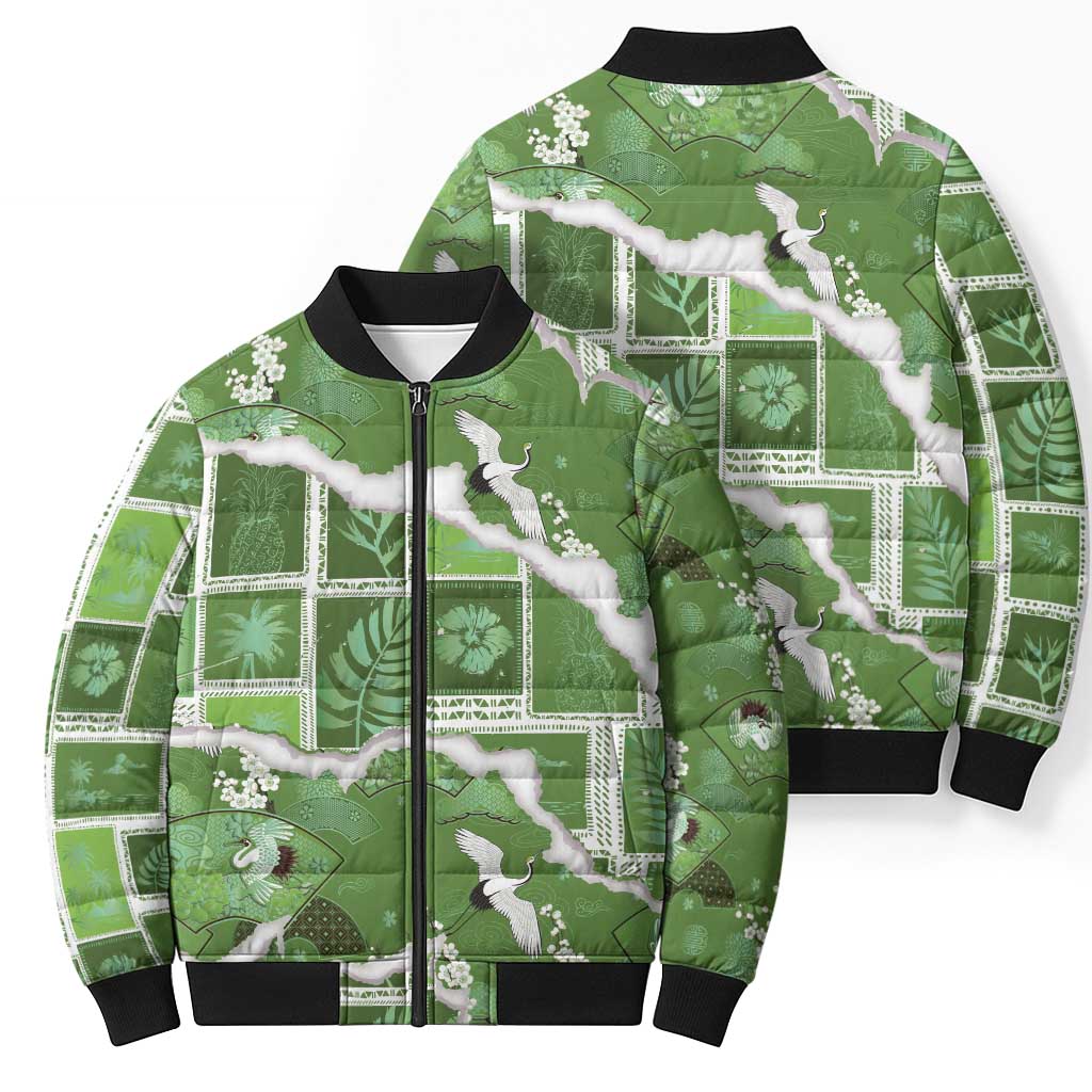 Hawaii Japanese Culture Sage Green Bomber Puffer Jacket Spring Cranes Aloha Pattern LT01 - Polynesian Pride