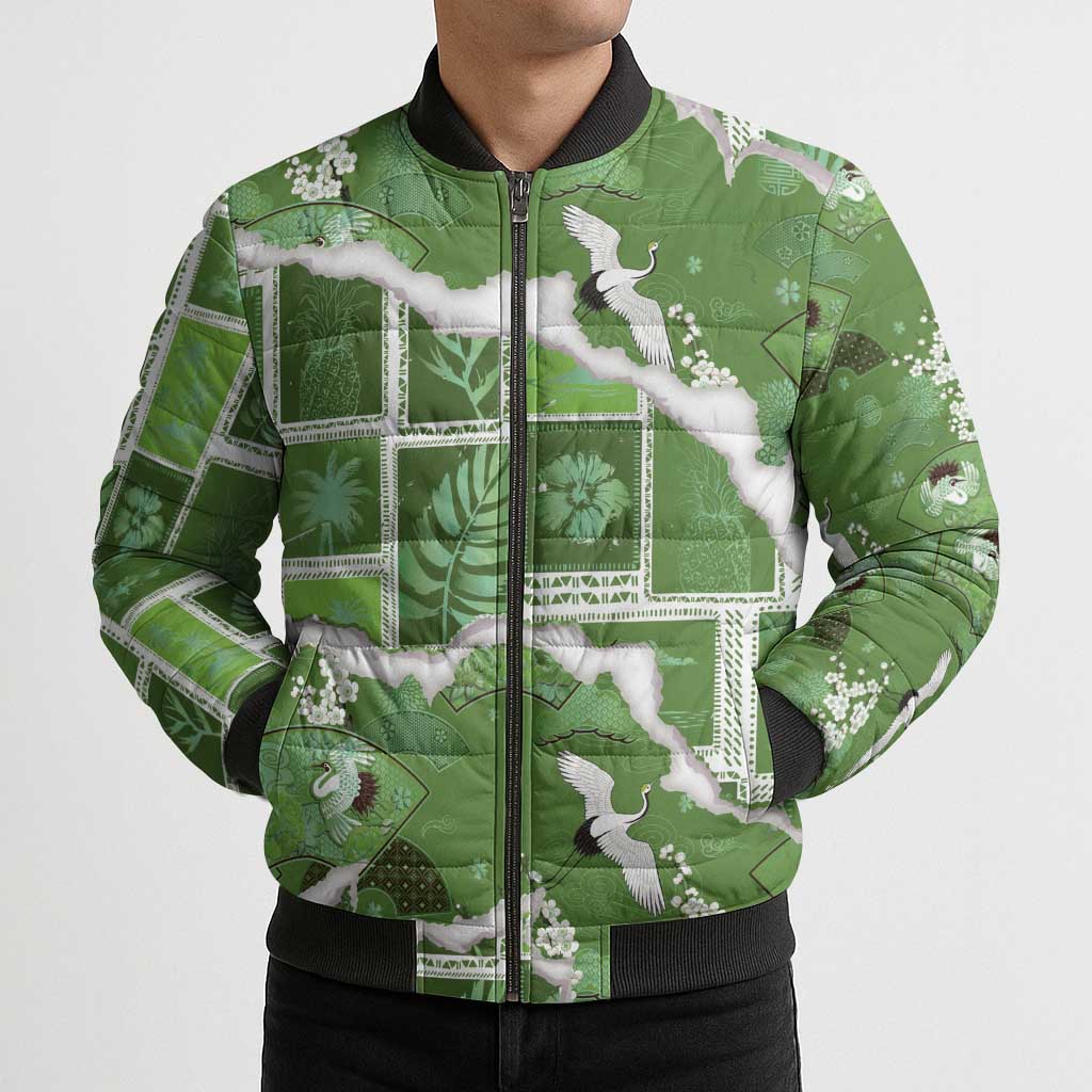 Hawaii Japanese Culture Sage Green Bomber Puffer Jacket Spring Cranes Aloha Pattern LT01 - Polynesian Pride