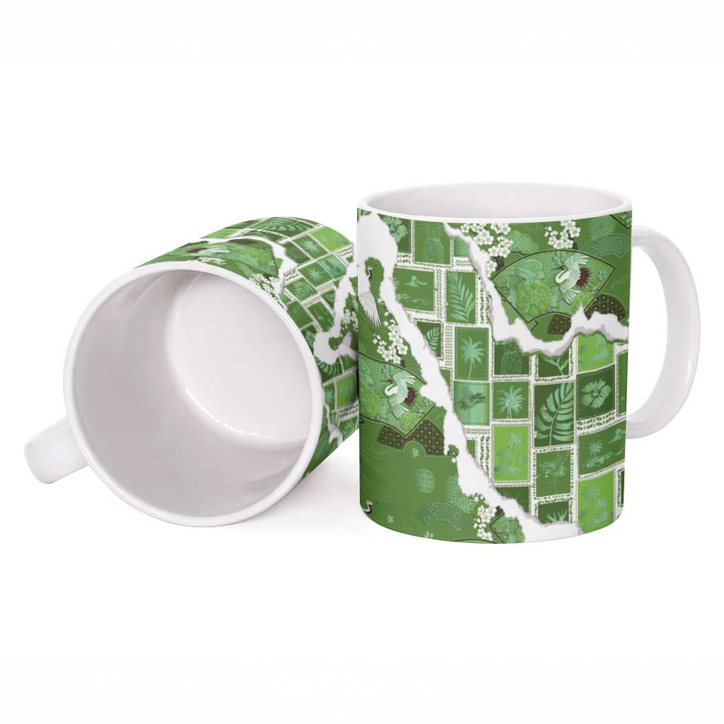 Hawaii Japanese Culture Sage Green Ceramic Mug Spring Cranes Aloha Pattern LT01 - Polynesian Pride
