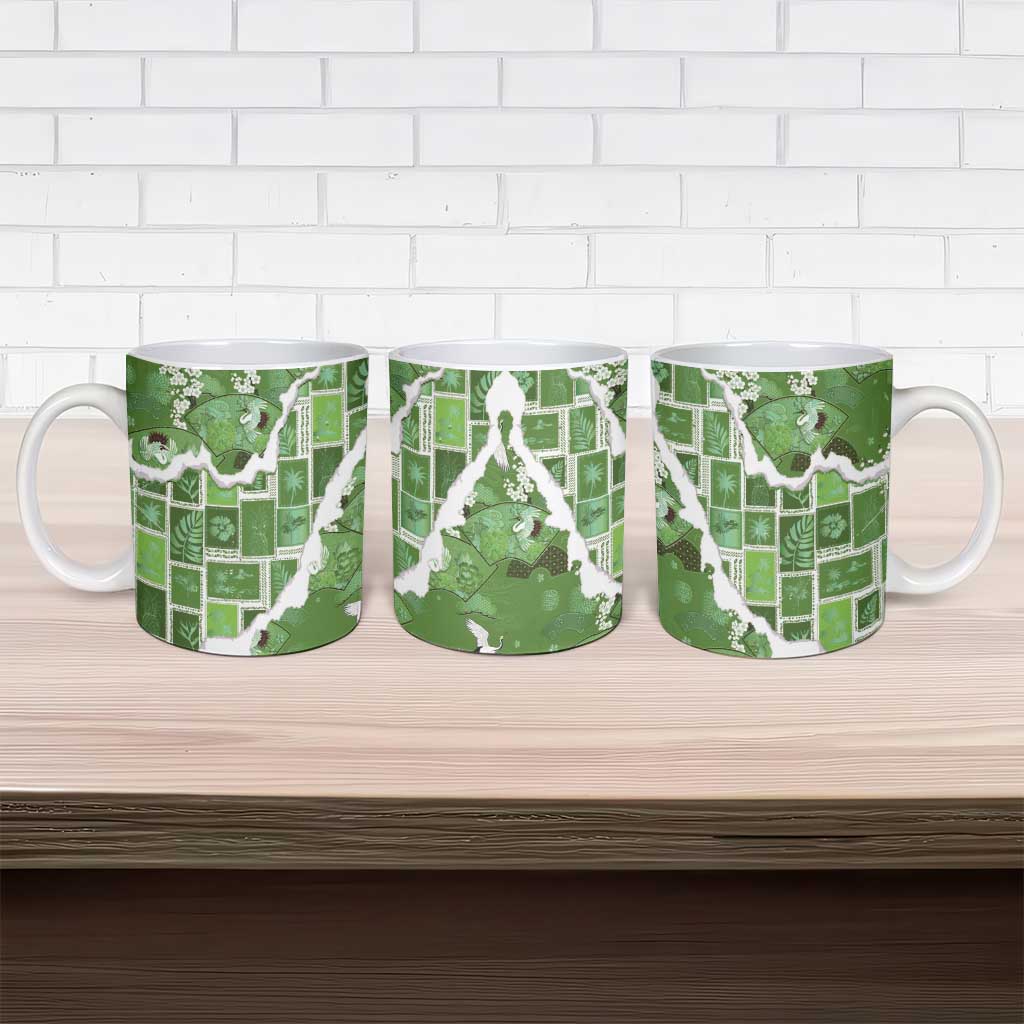 Hawaii Japanese Culture Sage Green Ceramic Mug Spring Cranes Aloha Pattern LT01 - Polynesian Pride