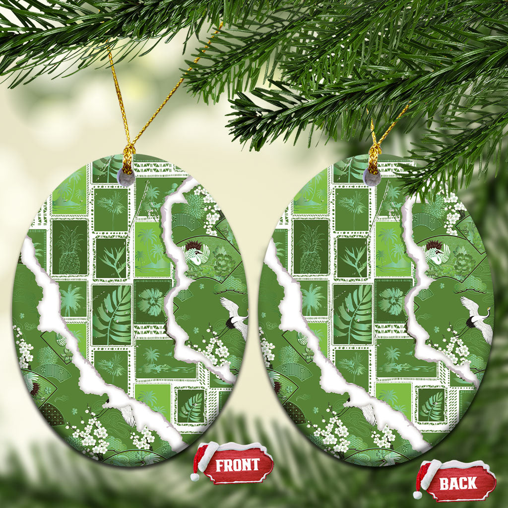 Hawaii Japanese Culture Sage Green Ceramic Ornament Spring Cranes Aloha Pattern LT01 Oval Sage - Polynesian Pride