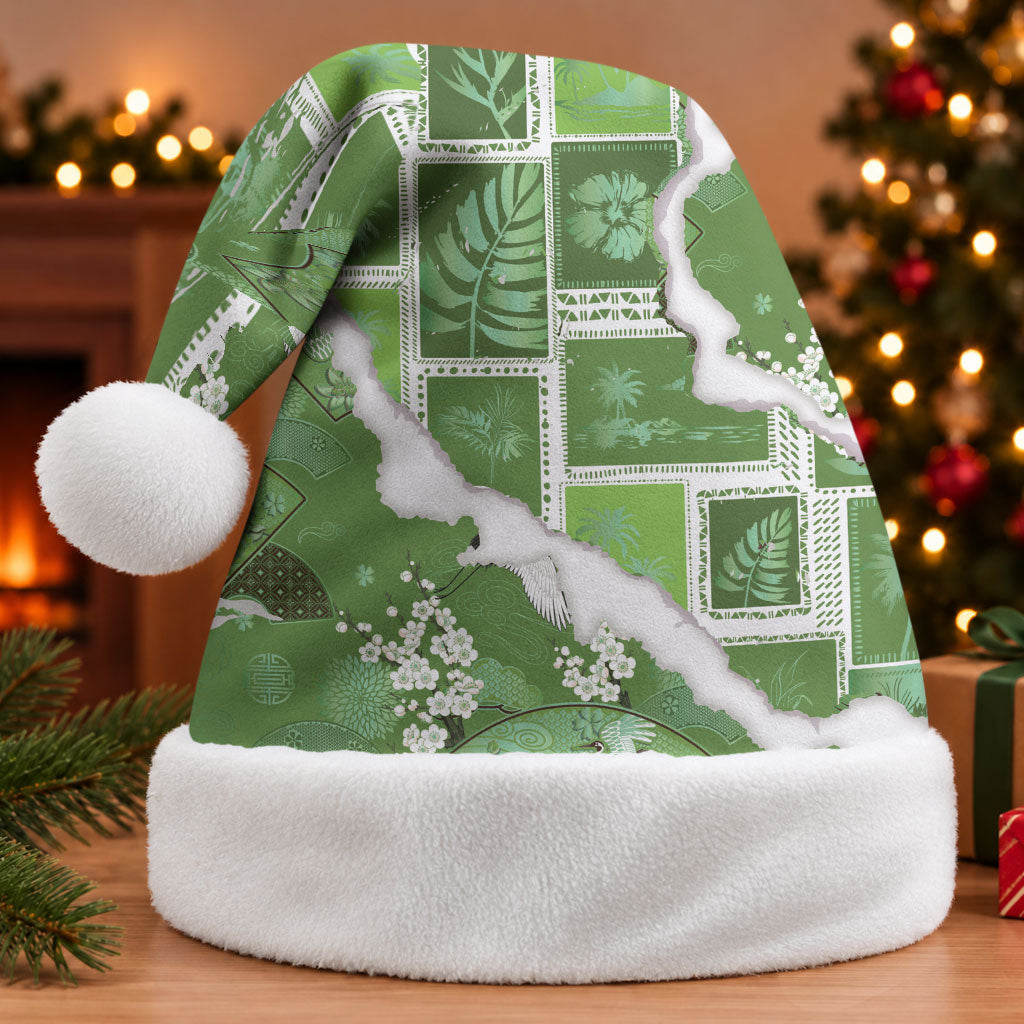 Hawaii Japanese Culture Sage Green Christmas Santa Hat Spring Cranes Aloha Pattern LT01 Without Fur Sage - Polynesian Pride