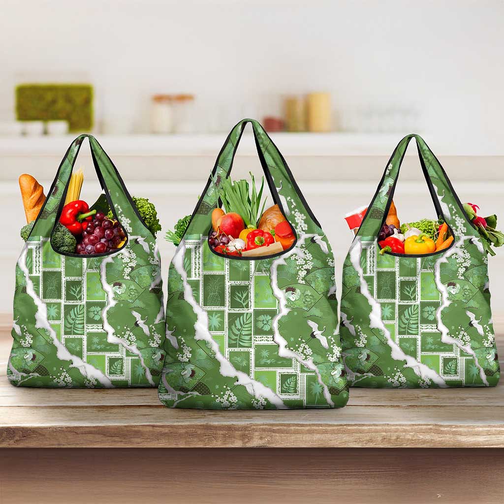 Hawaii Japanese Culture Sage Green Grocery Bag Spring Cranes Aloha Pattern LT01 3-pack One Size Sage - Polynesian Pride