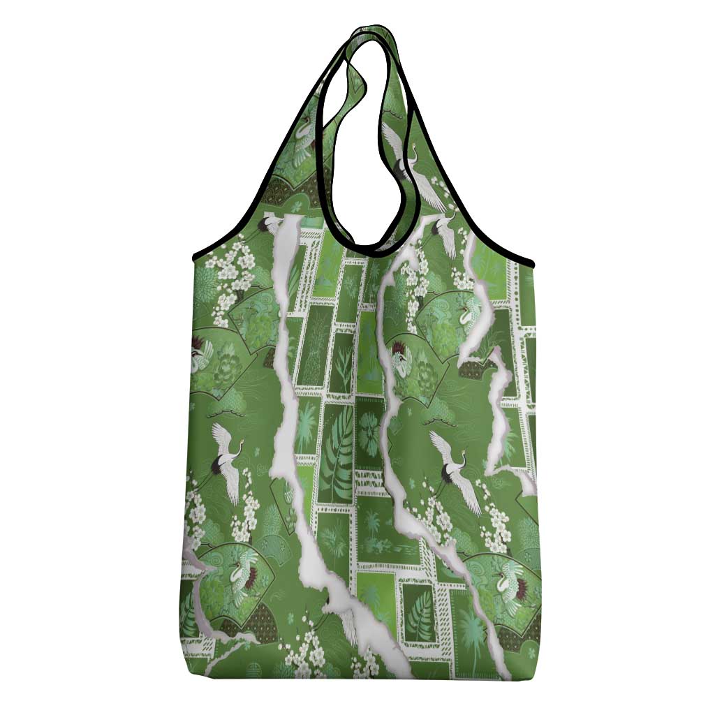 Hawaii Japanese Culture Sage Green Grocery Bag Spring Cranes Aloha Pattern LT01 - Polynesian Pride