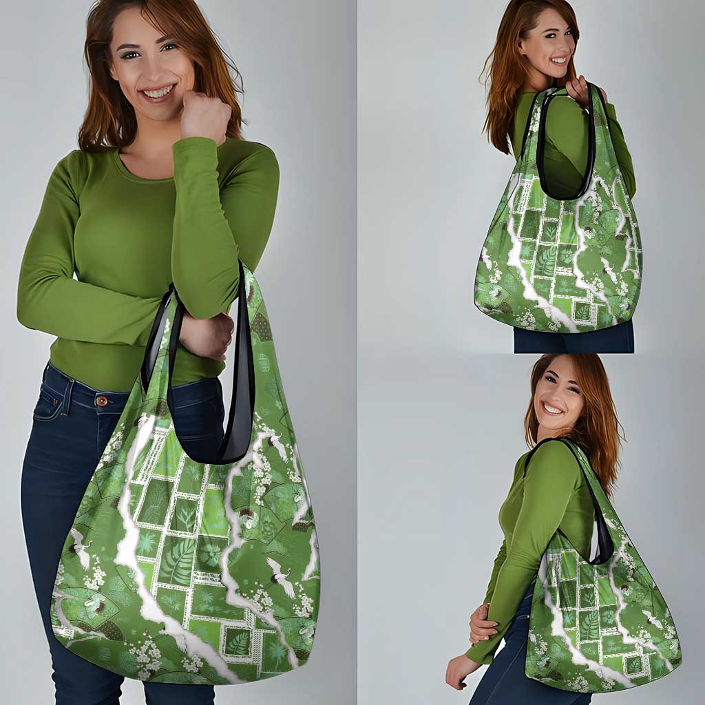 Hawaii Japanese Culture Sage Green Grocery Bag Spring Cranes Aloha Pattern LT01 - Polynesian Pride