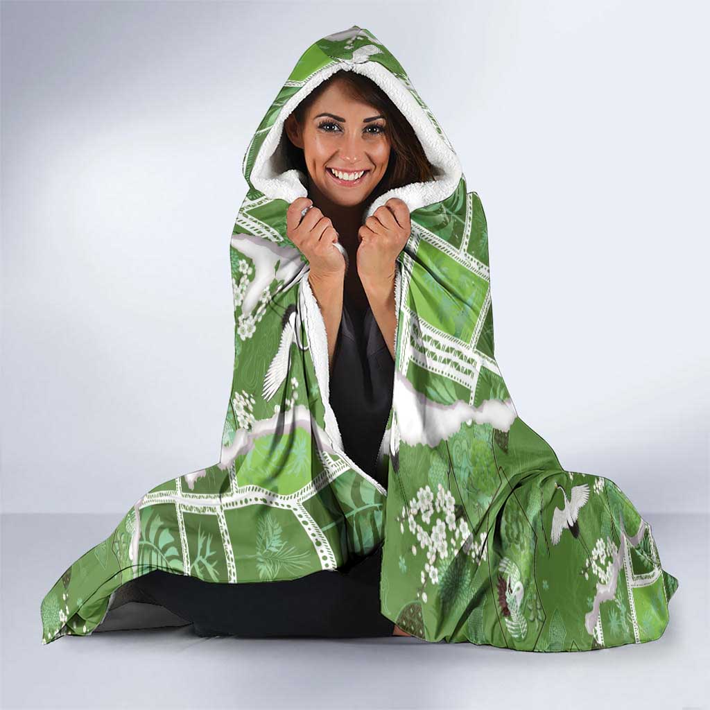 Hawaii Japanese Culture Sage Green Hooded Blanket Spring Cranes Aloha Pattern LT01 - Polynesian Pride