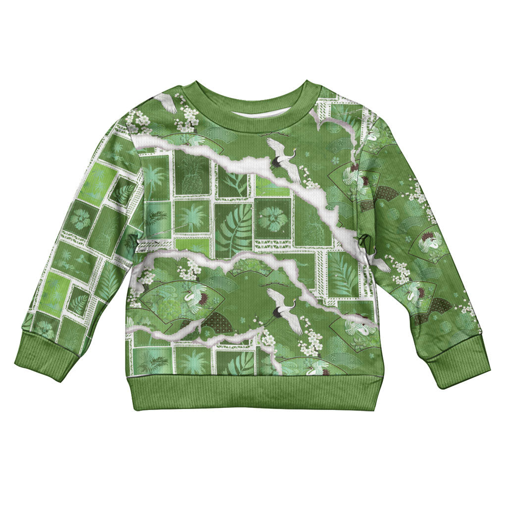 Hawaii Japanese Culture Sage Green Kid Ugly Christmas Sweater Spring Cranes Aloha Pattern LT01 Kid Sage - Polynesian Pride