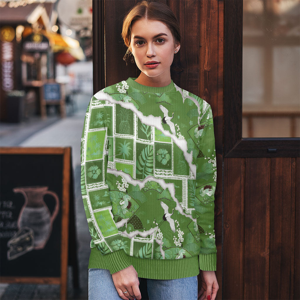 Hawaii Japanese Culture Sage Green Ugly Christmas Sweater Spring Cranes Aloha Pattern LT01 - Polynesian Pride