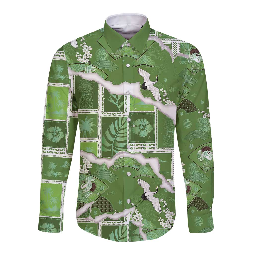 Hawaii Japanese Culture Sage Green Long Sleeve Button Shirt Spring Cranes Aloha Pattern LT01 Unisex Sage - Polynesian Pride