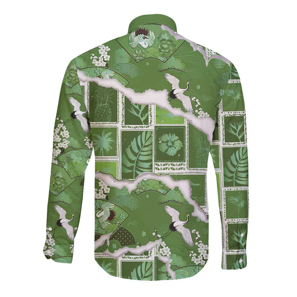 Hawaii Japanese Culture Sage Green Long Sleeve Button Shirt Spring Cranes Aloha Pattern LT01 - Polynesian Pride