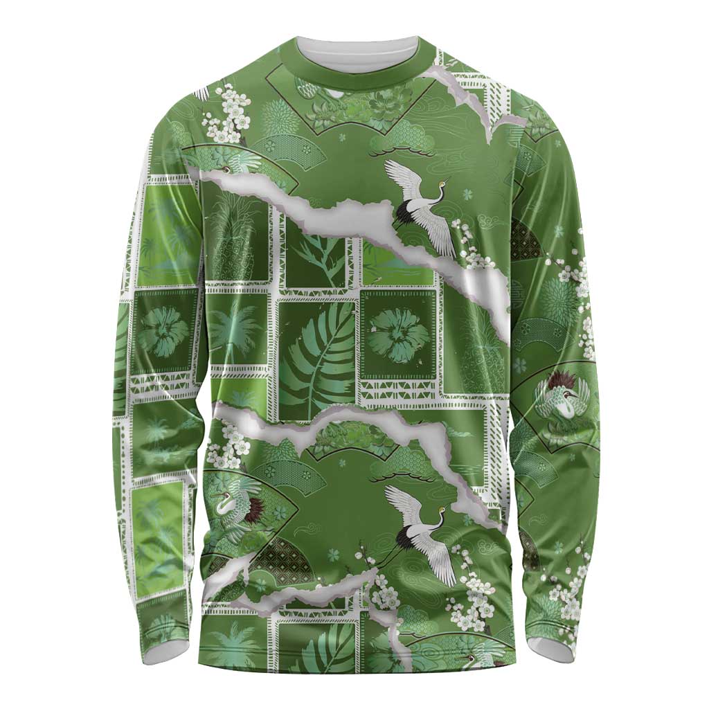 Hawaii Japanese Culture Sage Green Long Sleeve Shirt Spring Cranes Aloha Pattern LT01 Unisex Sage - Polynesian Pride