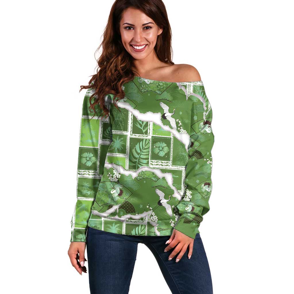 Hawaii Japanese Culture Sage Green Off Shoulder Sweater Spring Cranes Aloha Pattern LT01 Women Sage - Polynesian Pride