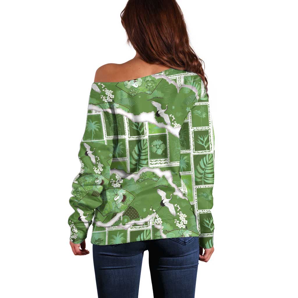 Hawaii Japanese Culture Sage Green Off Shoulder Sweater Spring Cranes Aloha Pattern LT01 - Polynesian Pride