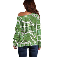 Hawaii Japanese Culture Sage Green Off Shoulder Sweater Spring Cranes Aloha Pattern LT01 - Polynesian Pride