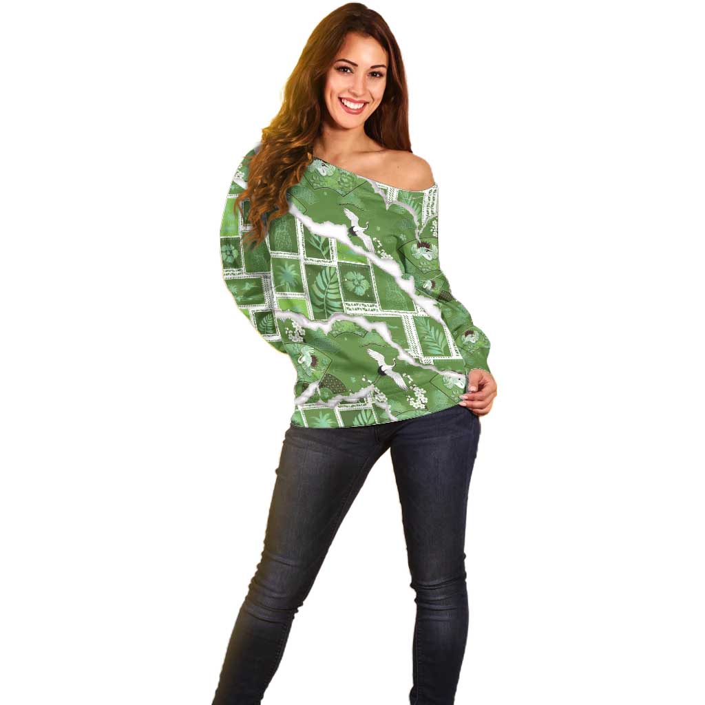 Hawaii Japanese Culture Sage Green Off Shoulder Sweater Spring Cranes Aloha Pattern LT01 - Polynesian Pride
