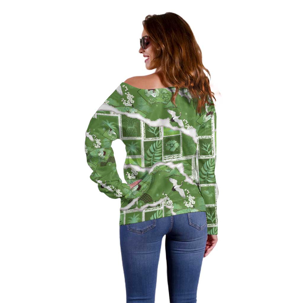 Hawaii Japanese Culture Sage Green Off Shoulder Sweater Spring Cranes Aloha Pattern LT01 - Polynesian Pride